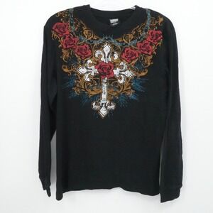 MMA Elite Shirtr Mens XL Black Thermal  Long Sleeve Cross Rose‎ Graphic Tattoo